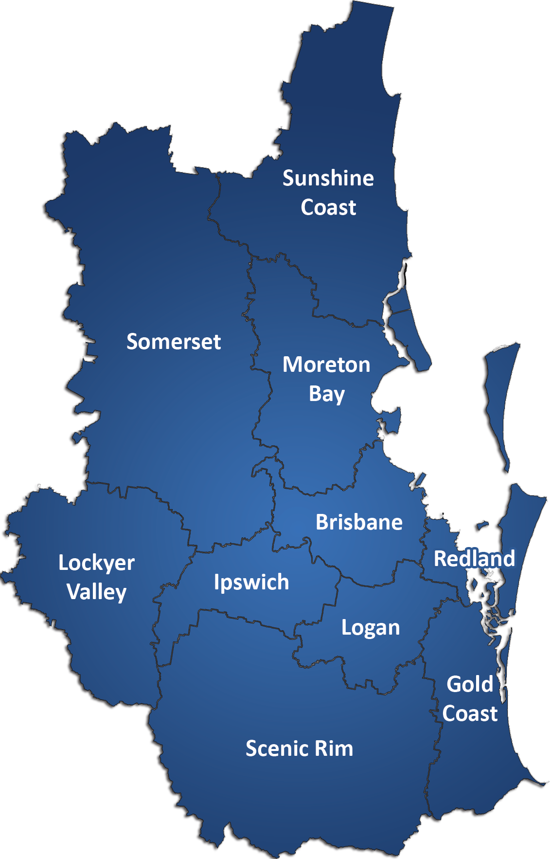 Map of South East Queensland service areas including Brisbane, Ipswich, Logan, Gold Coast, Sunshine Coast, Moreton Bay, Redland, Somerset, Lockyer Valley and Scenic Rim